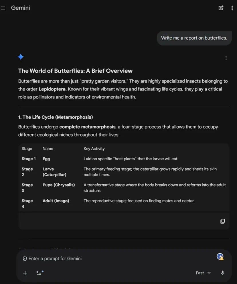Gemini writes a full report on butterflies for the student