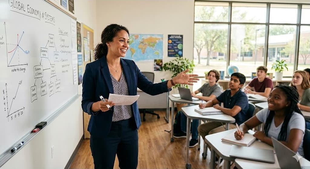 Confident teacher engaging her classroom