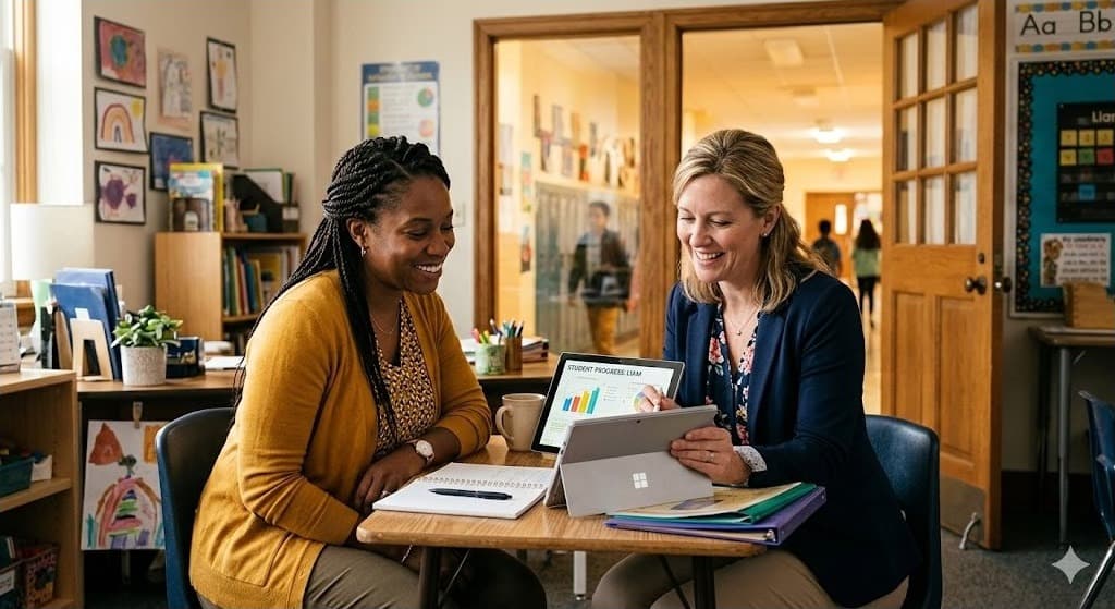 Teacher and parent reviewing student progress data together on a tablet
