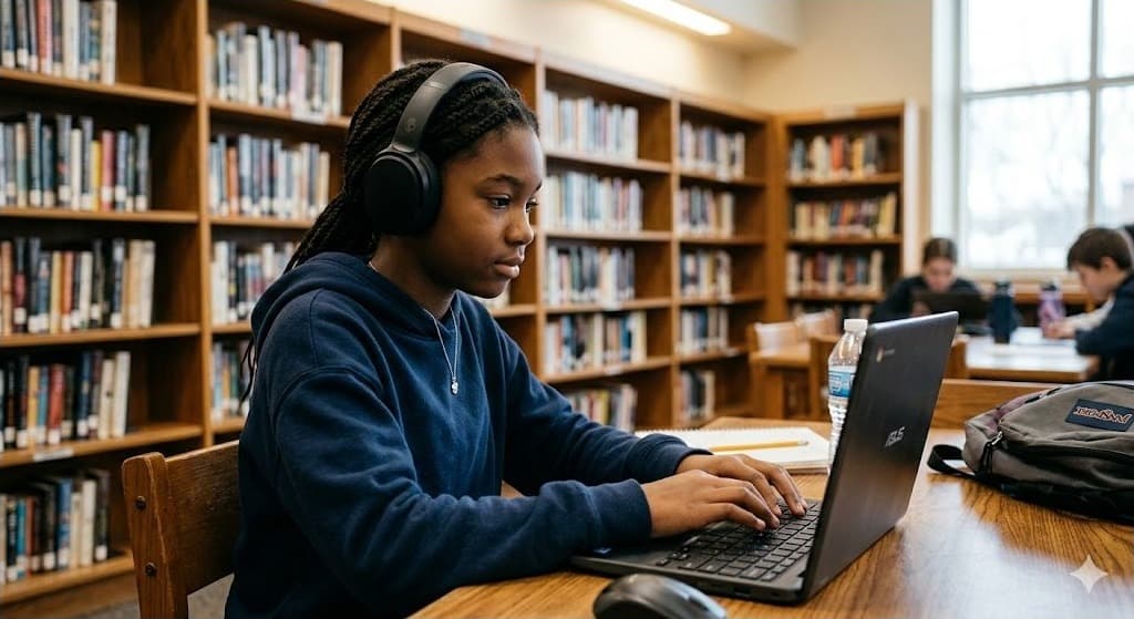 Student focused on independent learning with headphones and laptop