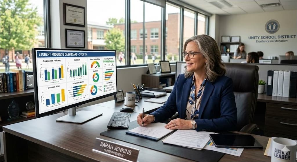 Superintendent reviewing student progress dashboard on her office monitor