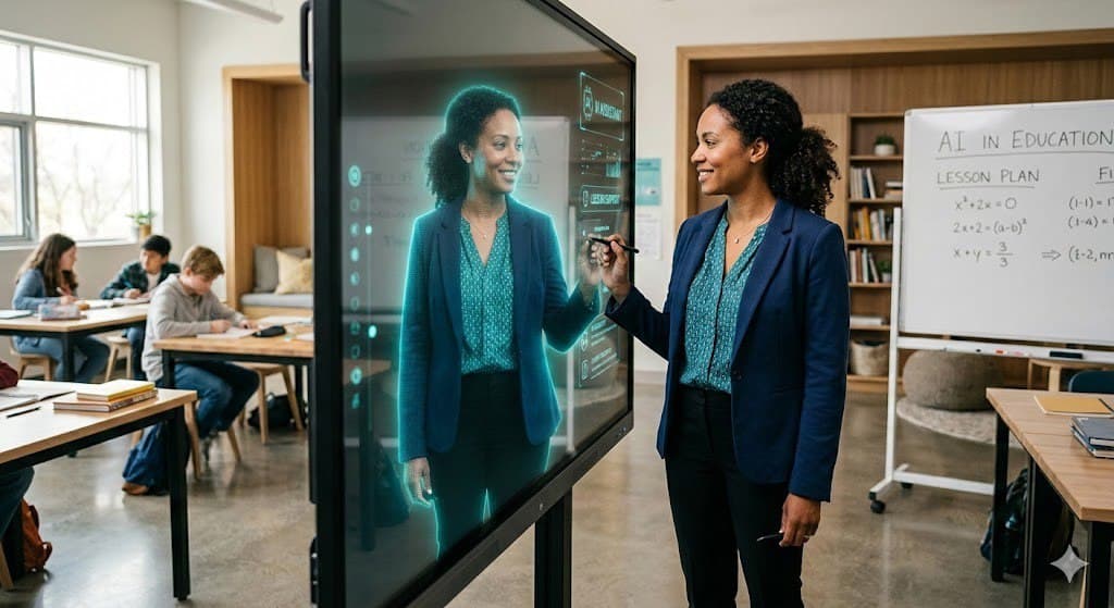 A teacher interacting with her AI Teacher Twin on a digital display in a modern classroom
