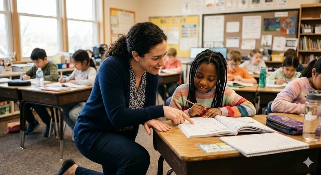 Teacher kneeling beside a student, offering warm one-on-one guidance